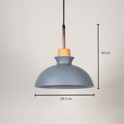 Grey dome pendant light with wooden accent shown with size 30cm height and 28.5cm width on white background for product details.