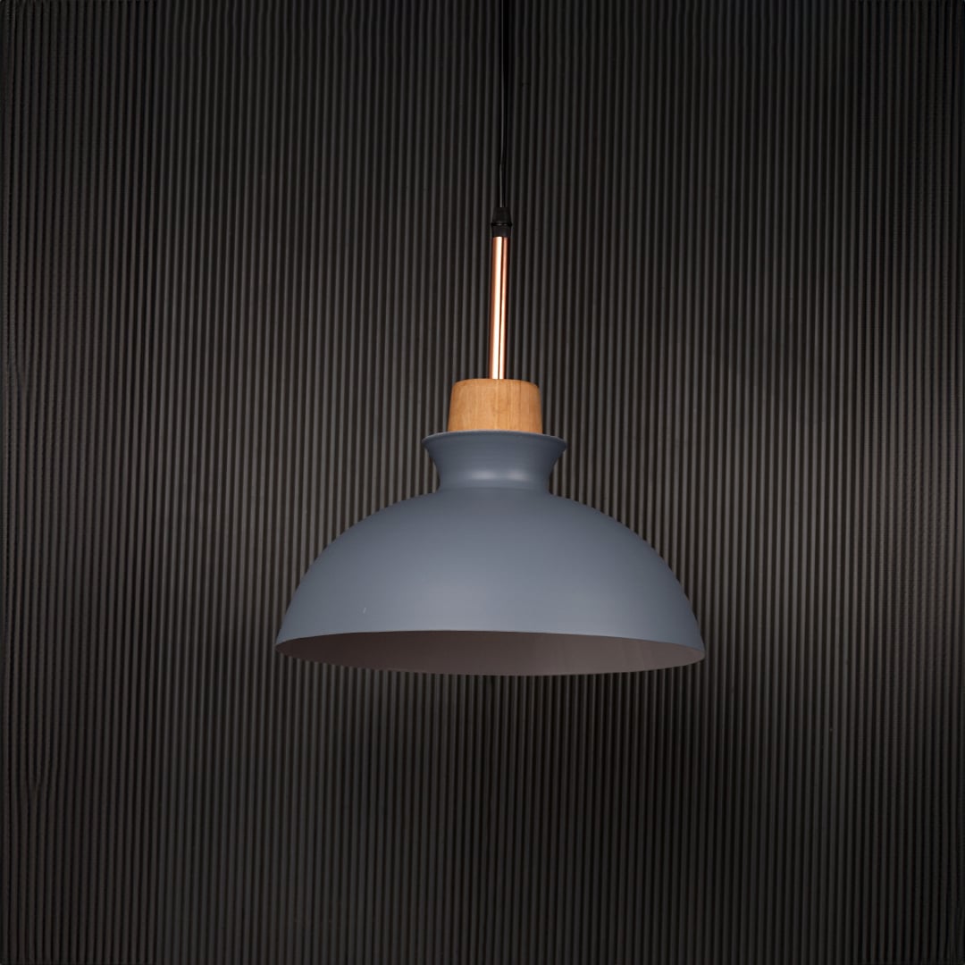 Grey dome pendant ceiling light with wood top switched off on back background for modern dining room cafe and kitchen lighting decor.
