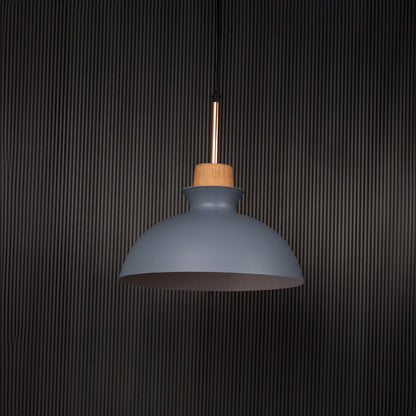 Grey dome pendant ceiling light with wood top switched off on back background for modern dining room cafe and kitchen lighting decor.