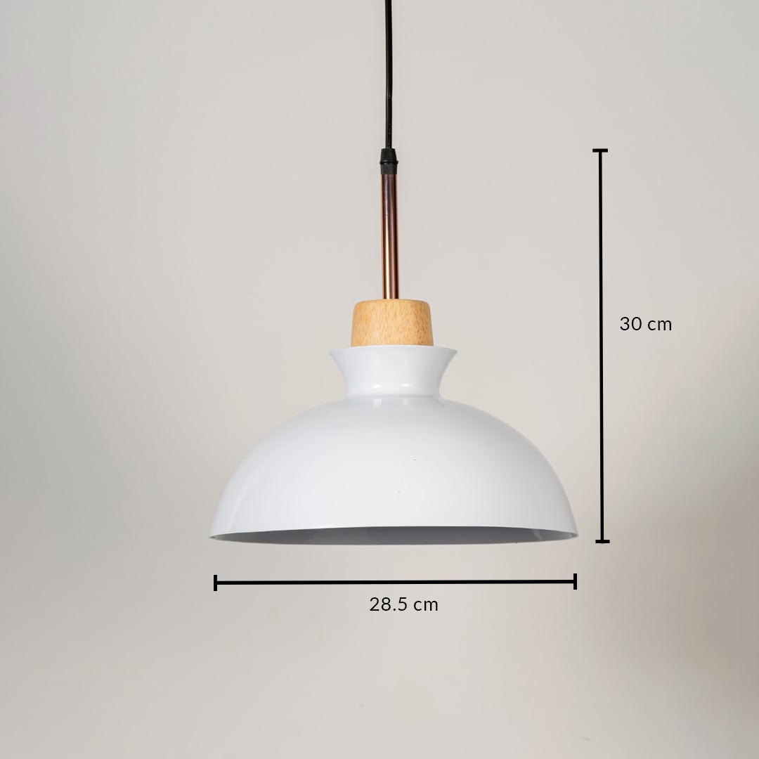 White dome pendant light with wooden top shown with size 30cm height and 28.5cm width on white background for product details.