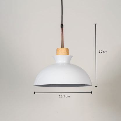 White dome pendant light with wooden top shown with size 30cm height and 28.5cm width on white background for product details.