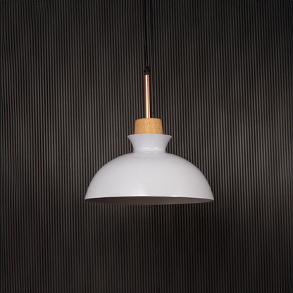 White dome pendant ceiling light with wooden accent switched off on back background for modern dining room cafe and kitchen lighting.