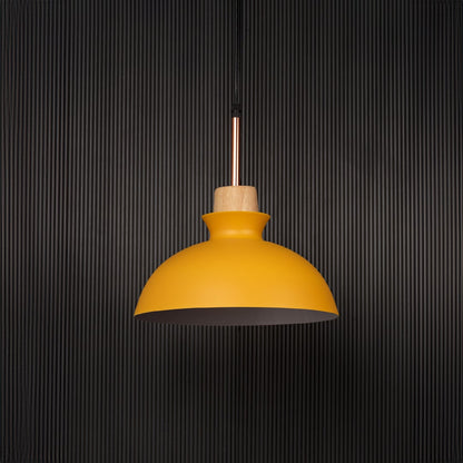 Dome Pendant Lamp Yellow Light Off Black Background