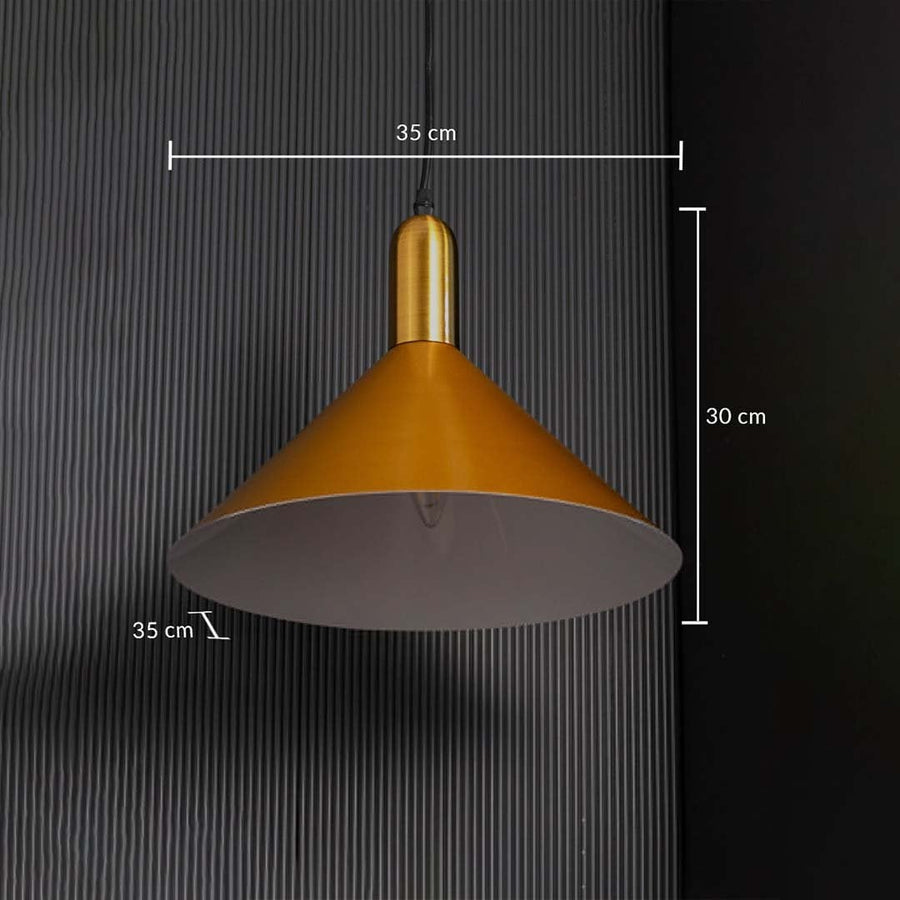 A gold cone pendant light shown with 35 cm width and 30 cm height measurements highlighting its wide modern shape and tall minimal stem.