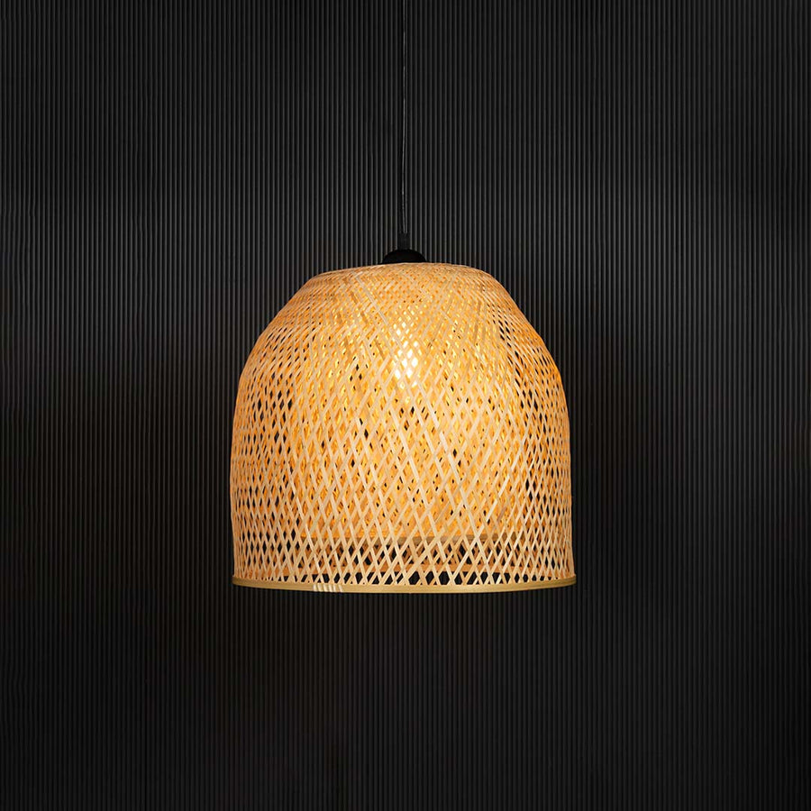 Doppio Grid Bamboo Pendant Light Light On Black Background