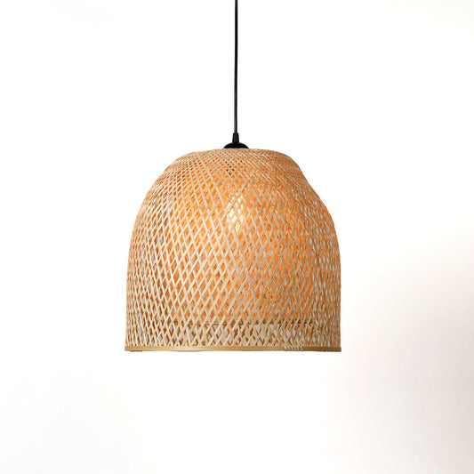 Handwoven bamboo pendant light with natural beige finish displayed for modern bohemian ceiling decor.