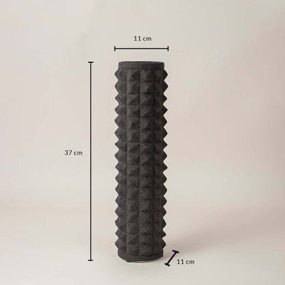 Black ceramic textured vase with cylindrical design showing 37 cm height and 11 cm width on white background dimension view.