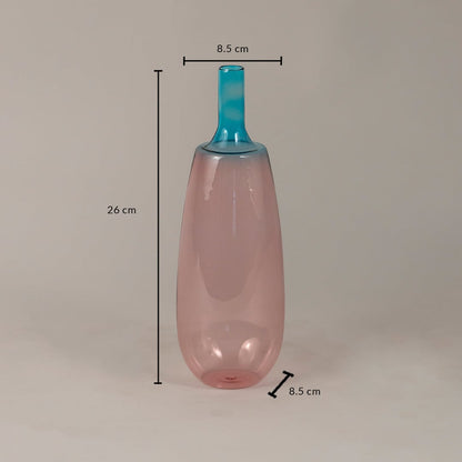Pink and blue glass vase with 26 cm height and 8.5 cm width perfect for tabletop and shelf decoration.