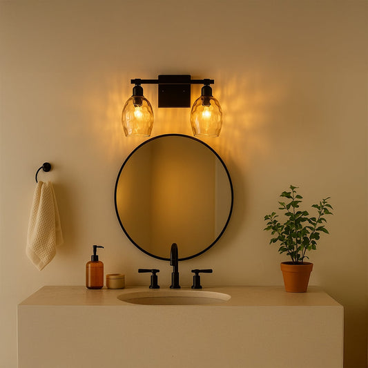 Black double wall light with hammered clear glass shades glowing on white background adding warm modern lighting to living bedroom and hallway interiors.
