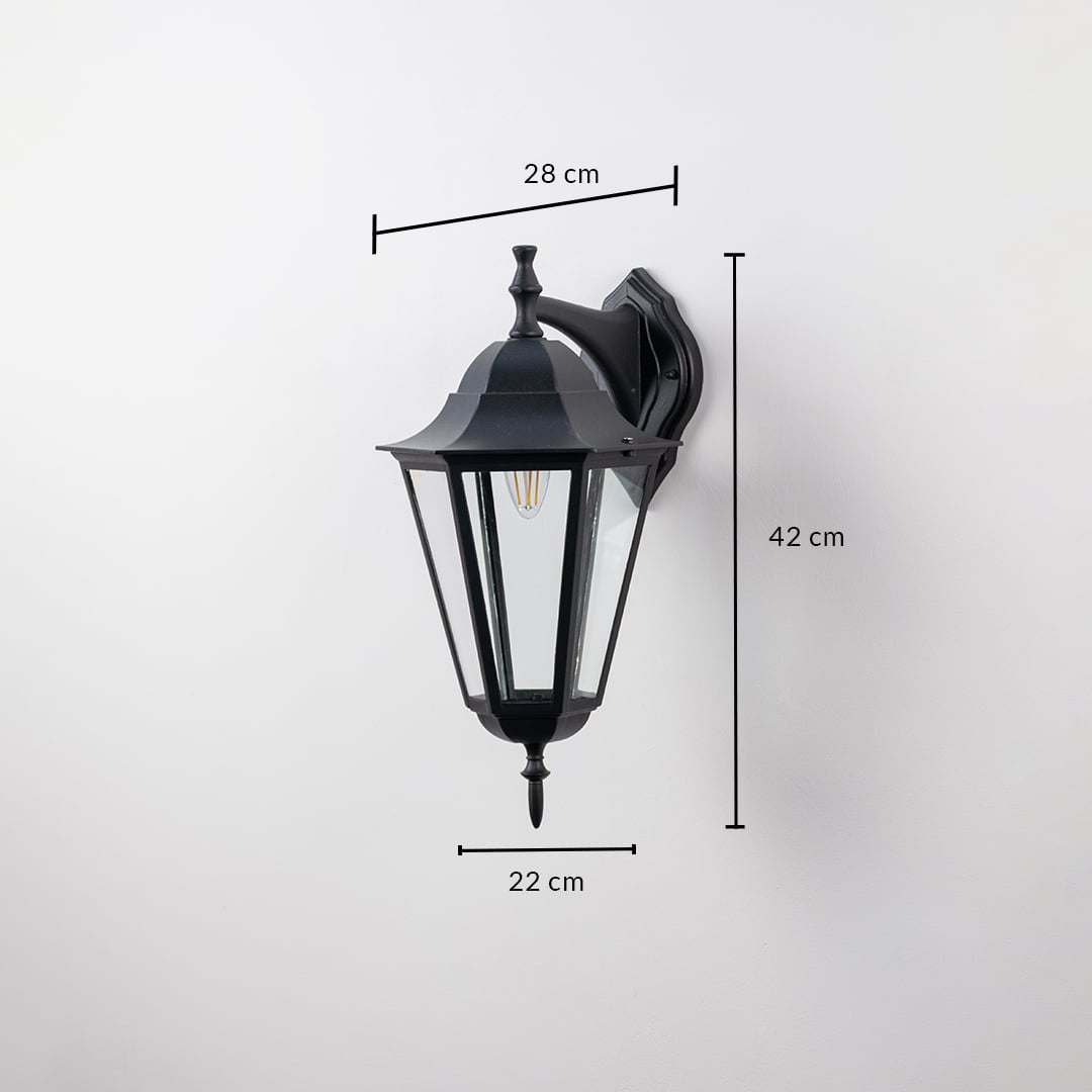 Outdoor wall lantern dimension image showing 42 cm height 28 cm depth and 22 cm width perfect for exterior lighting.