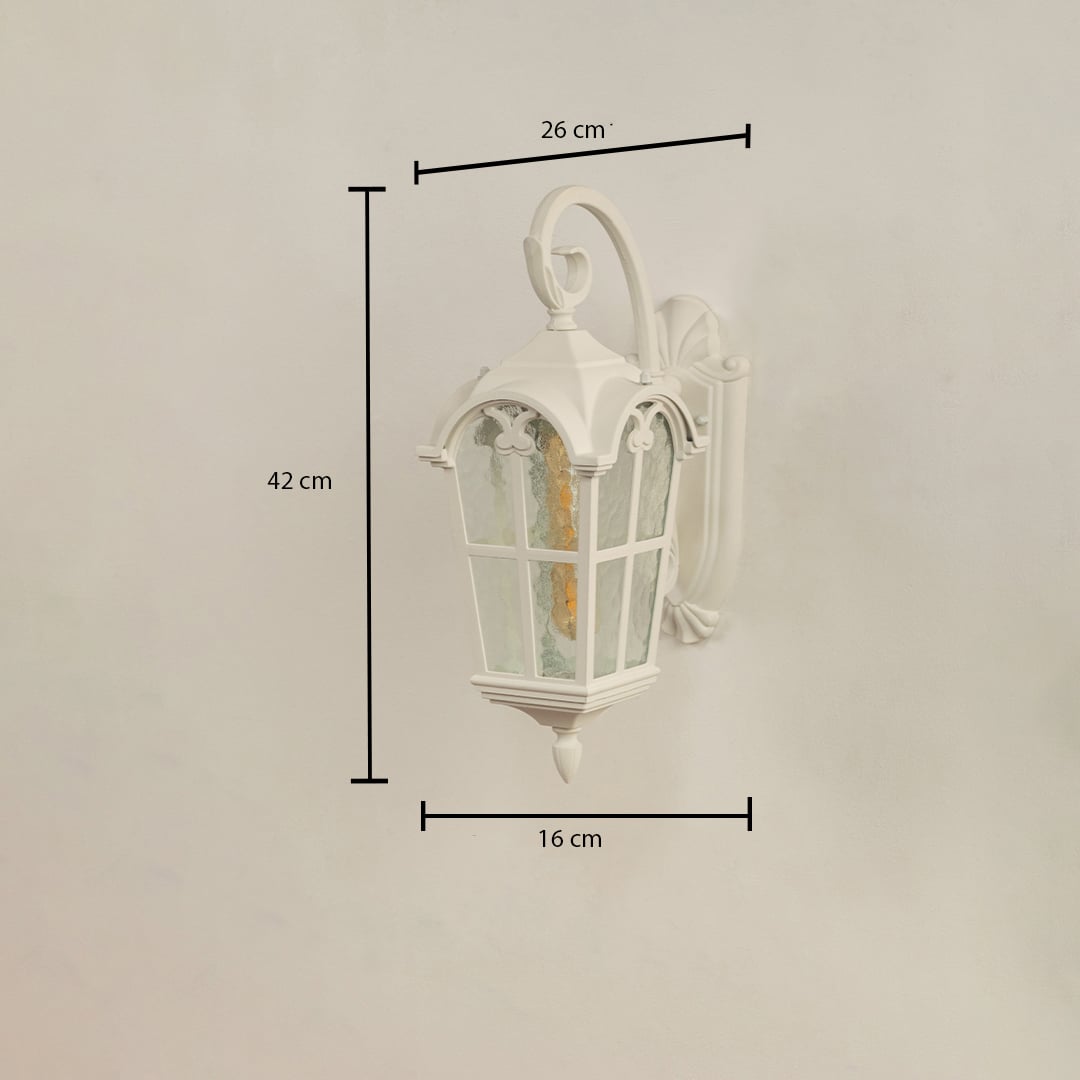 White outdoor wall light with clearly marked dimensions showing 42 cm height 26 cm width and 16 cm depth displayed on a plain background.