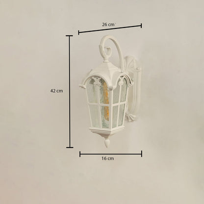 White outdoor wall light with clearly marked dimensions showing 42 cm height 26 cm width and 16 cm depth displayed on a plain background.