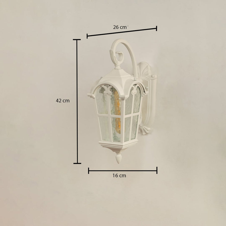 White outdoor wall light with clearly marked dimensions showing 42 cm height 26 cm width and 16 cm depth displayed on a plain background.