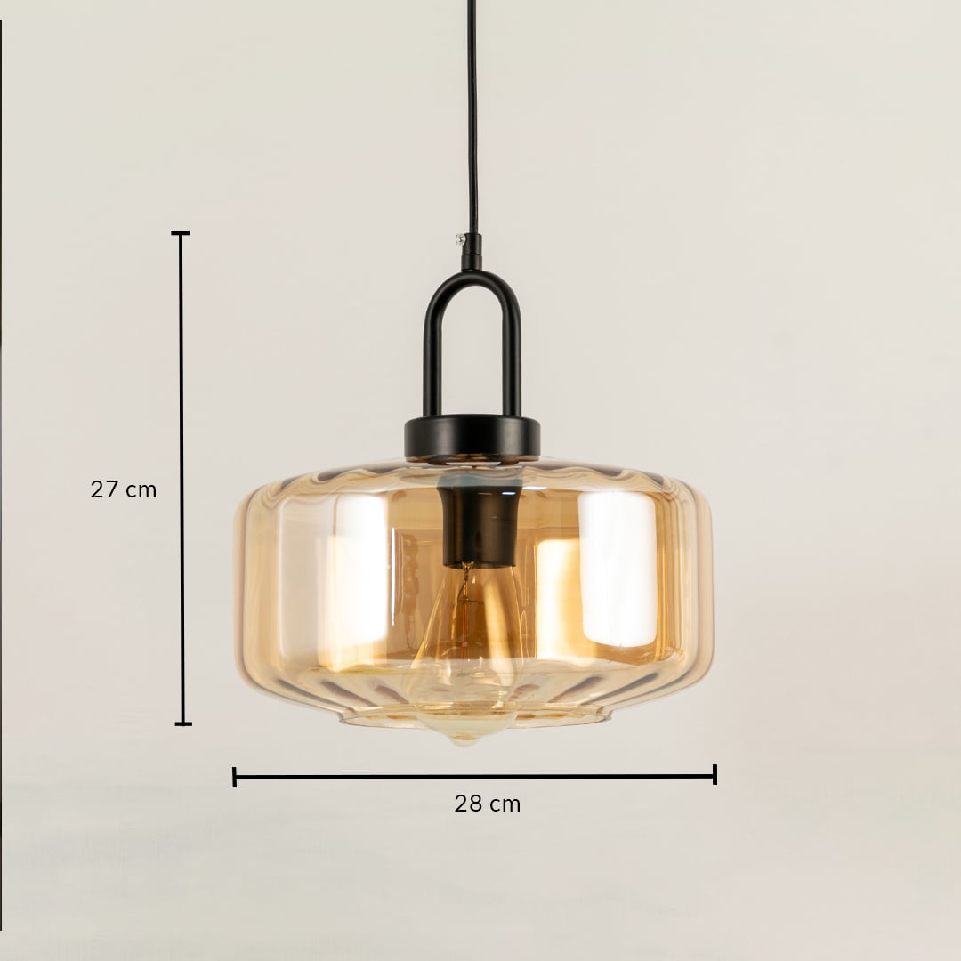 Modern amber glass pendant light with rounded shade featuring exact dimensions of 27 cm height and 22 cm width perfect for warm ambient ceiling lighting.