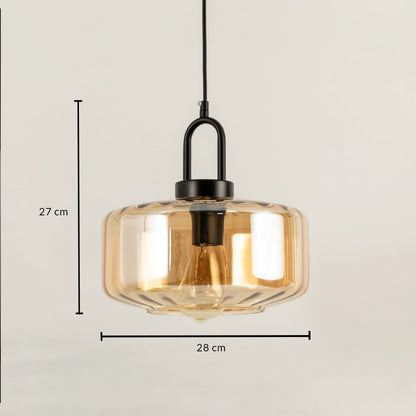 Modern amber glass pendant light with rounded shade featuring exact dimensions of 27 cm height and 22 cm width perfect for warm ambient ceiling lighting.