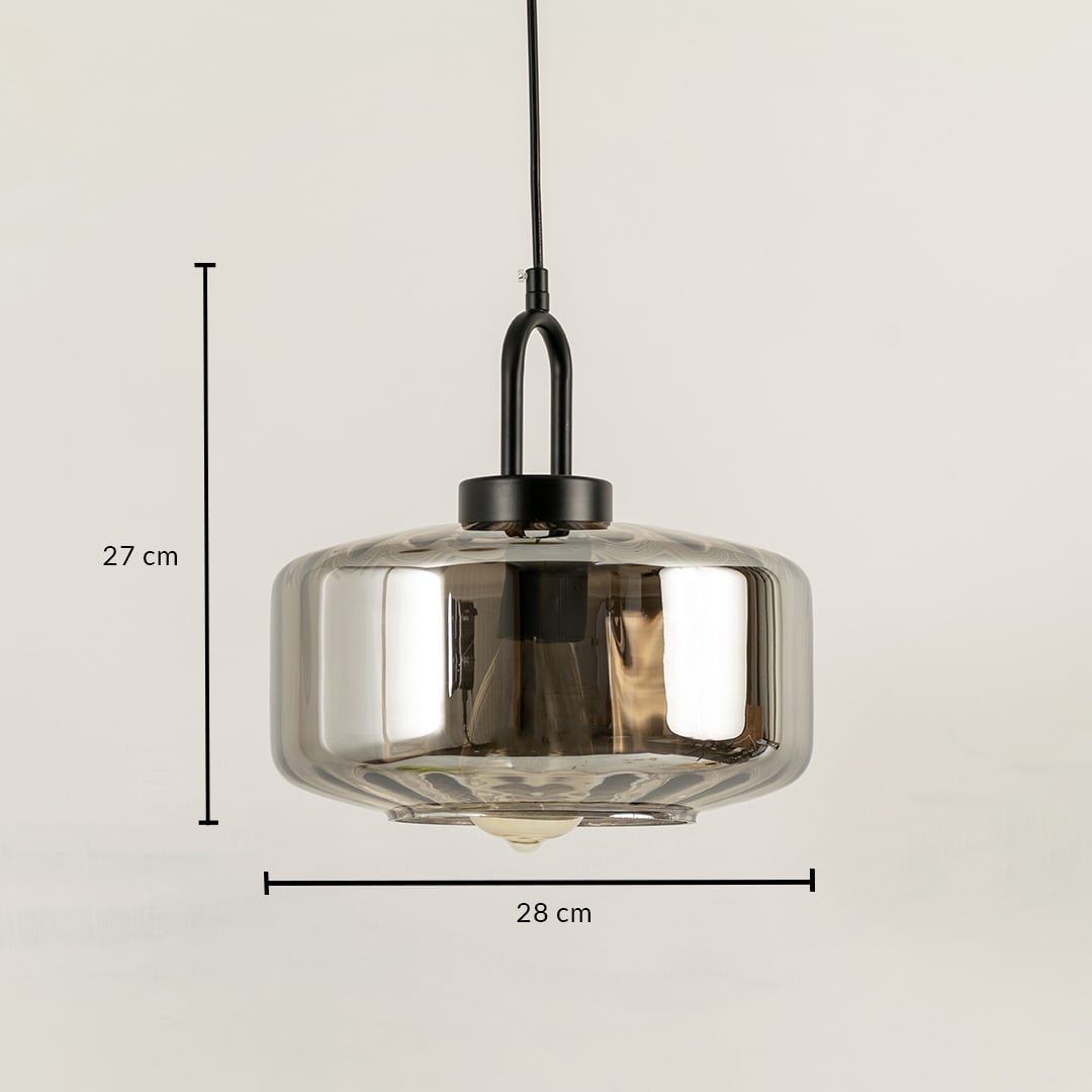 Contemporary smoke grey glass pendant light with rounded shade showing exact dimensions of 27 cm height and 22 cm width ideal for modern interior lighting.