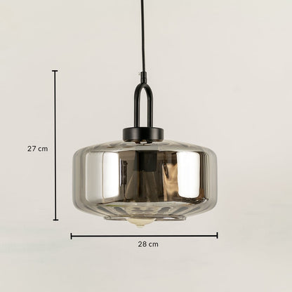 Contemporary smoke grey glass pendant light with rounded shade showing exact dimensions of 27 cm height and 22 cm width ideal for modern interior lighting.