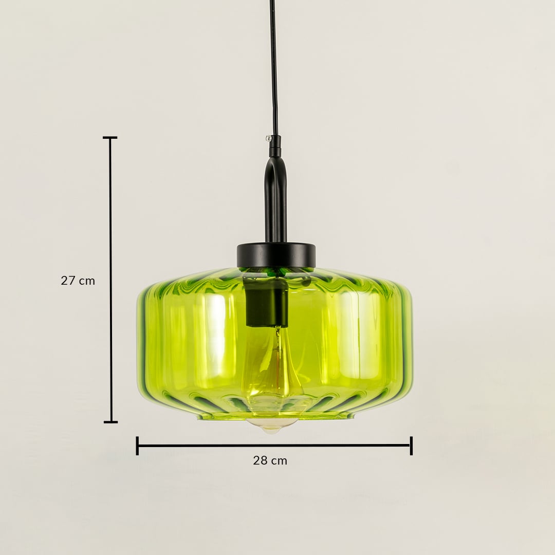 Green glass and black metal pendant light dimension image with 28 cm width and 27 cm height for kitchen island placement.
