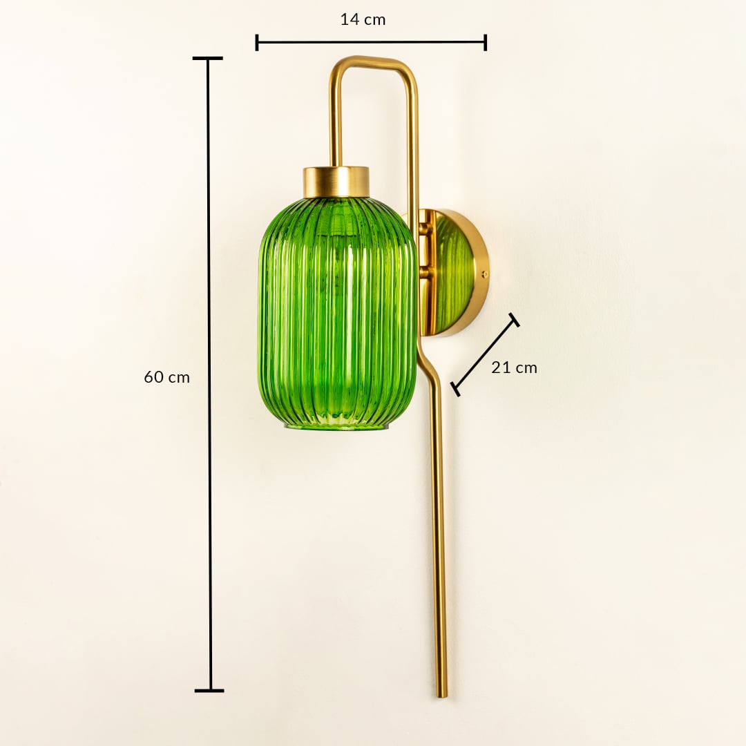 Wall sconce shown with 60 cm height 14 cm width and 21 cm depth featuring green ribbed glass and an elongated metal rod ideal for modern interior home decor lighting.