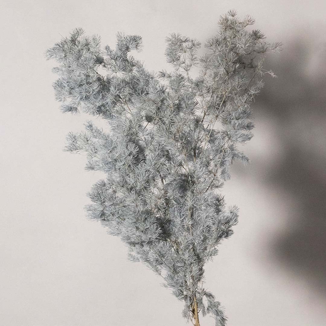 Detailed closeup of artificial foliage in icy grey white tones with soft branches ideal for DIY vase decor and interior styling.