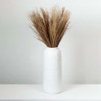 Fluffy natural brown dried wild grass stalks arranged inside a minimalist white ceramic bottle vase on white backdrop.