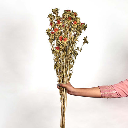 Hand holding a rustic dried wildflower bouquet featuring bright orange strawflower buds and green foliage stalks.