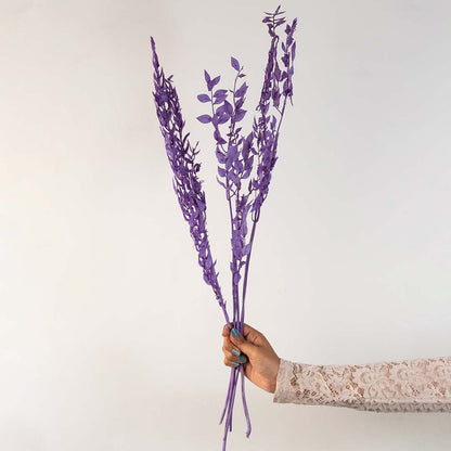 Hand holding delicate purple dyed dried wildflower filler stems for vibrant modern dopamine decor styling on white backdrop.