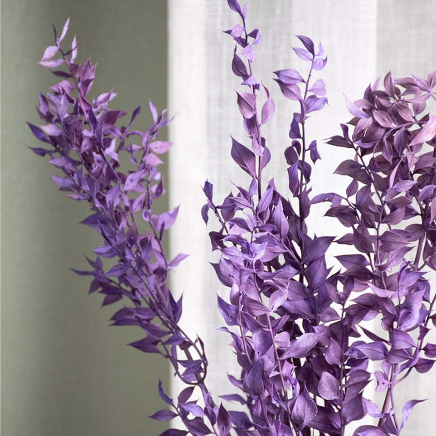 Purple eucalyptus bunch closeup highlighting dried leaf details and premium preserved material for vase arrangements.