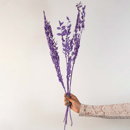 Hand holding delicate purple dyed dried wildflower filler stems for vibrant modern dopamine decor styling on white backdrop.