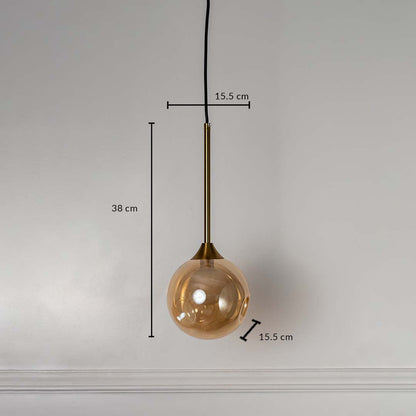 Amber glass globe pendant lamp with brass rod showing 38cm height and 15.5cm width for accurate size measurement.