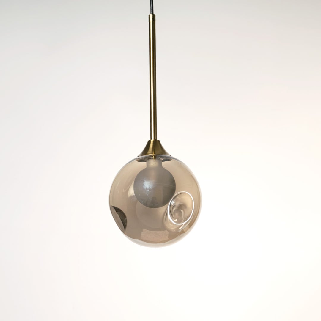 Smoked grey glass globe pendant lamp with brass rod showing 38cm height and 15.5cm width for accurate measurements.