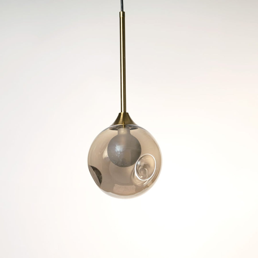 Smoked grey glass globe pendant lamp with brass rod showing 38cm height and 15.5cm width for accurate measurements.