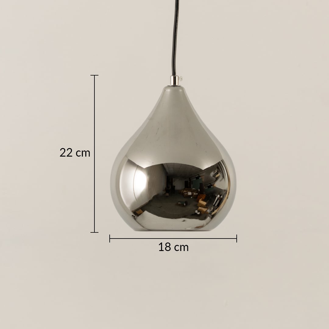 Glass teardrop pendant light measuring 22 cm high and 18 cm wide featuring a smooth reflective silver finish ideal for modern minimalist interior lighting decor.