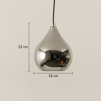 Glass teardrop pendant light measuring 22 cm high and 18 cm wide featuring a smooth reflective silver finish ideal for modern minimalist interior lighting decor.