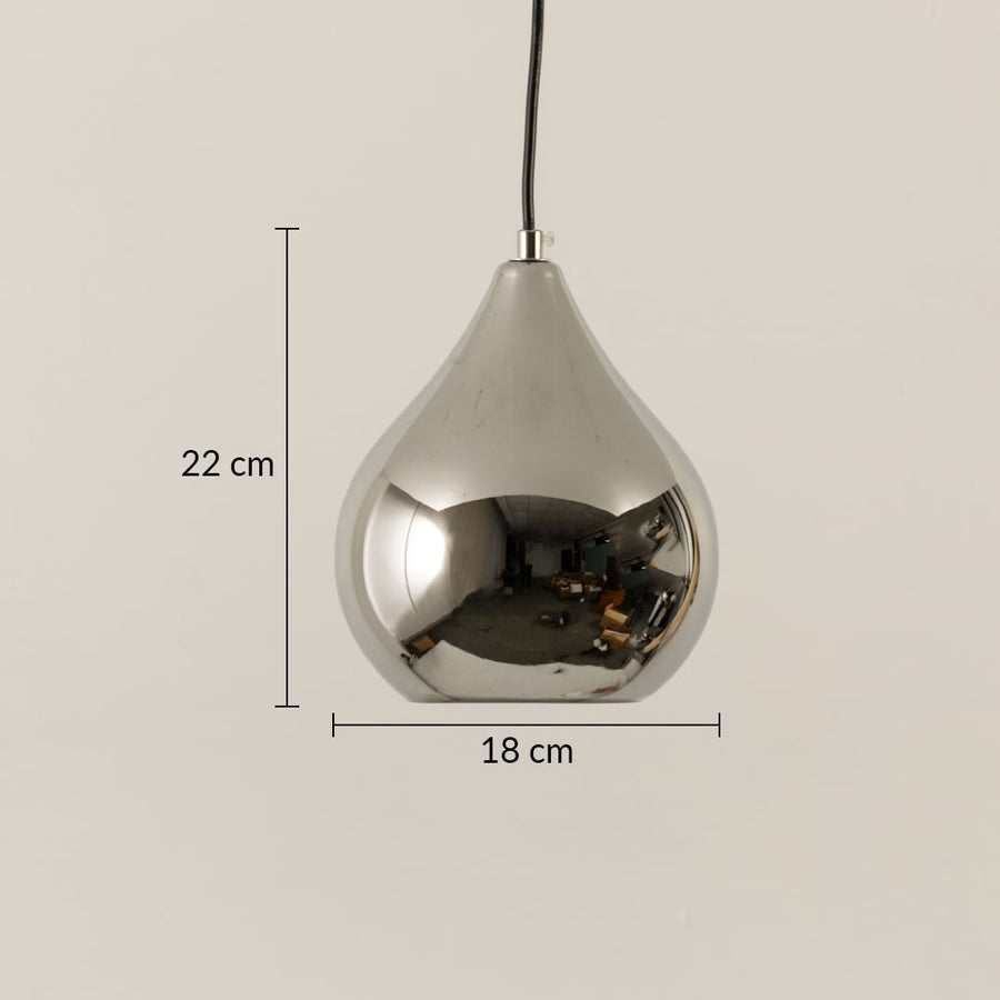 Glass teardrop pendant light measuring 22 cm high and 18 cm wide featuring a smooth reflective silver finish ideal for modern minimalist interior lighting decor.