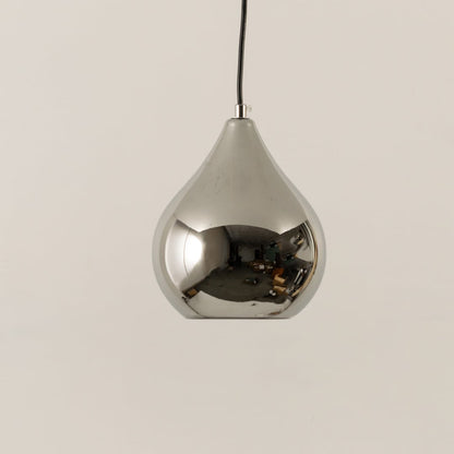 Chrome pendant light with its reflective silver body displayed with light off on a soft white background for product detailing.