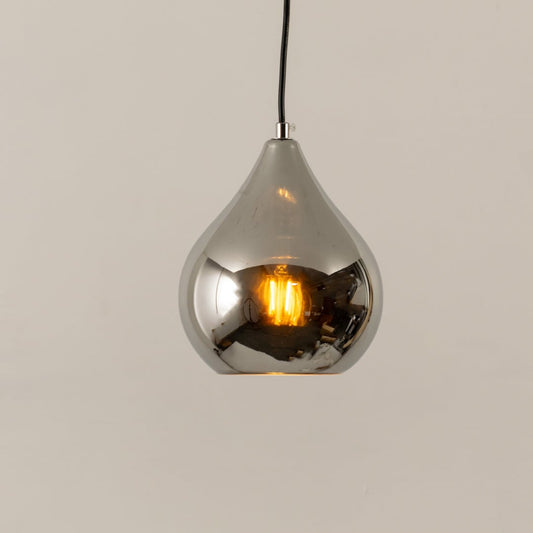 Shiny chrome pendant light with reflective silver finish shown on a clean white background for modern lighting presentation.