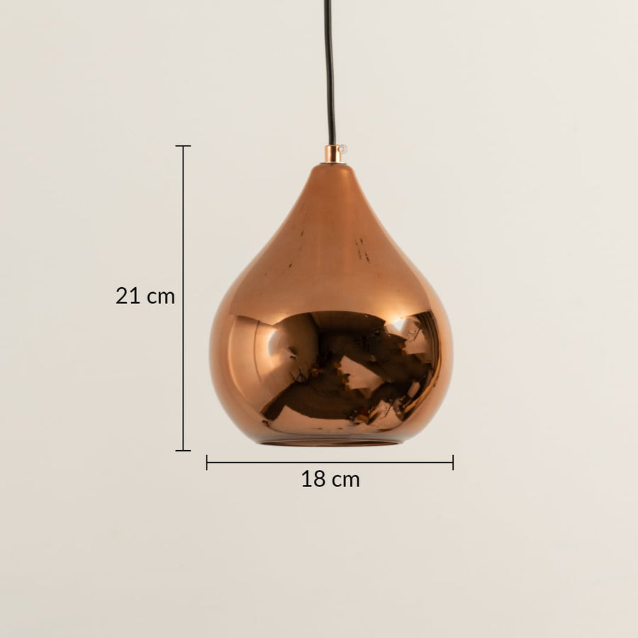 Pendant light with copper metal teardrop shade hanging from ceiling showing 21 cm height and 18 cm width for modern interiors.