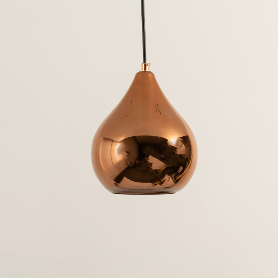 Metal teardrop pendant light with smooth reflective copper finish shown switched off on a white background highlighting its clean modern sculptural design.