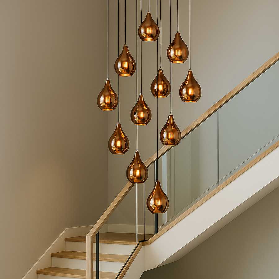 Amber glass pendant lights grouped along staircase creating dramatic vertical lighting and warm luxurious modern interior ambiance.