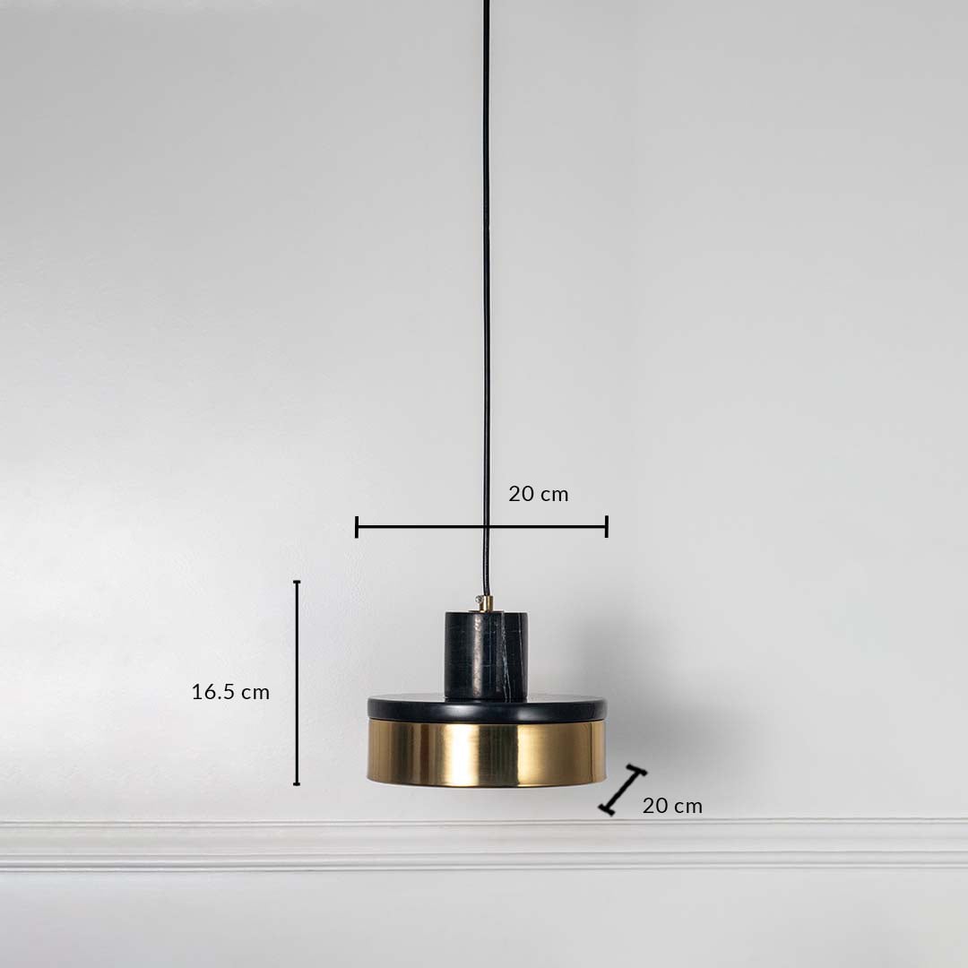 Black and golden round pendant light measured 20x16.5 cm elegant modern ceiling lamp for bedroom dining and living interiors.