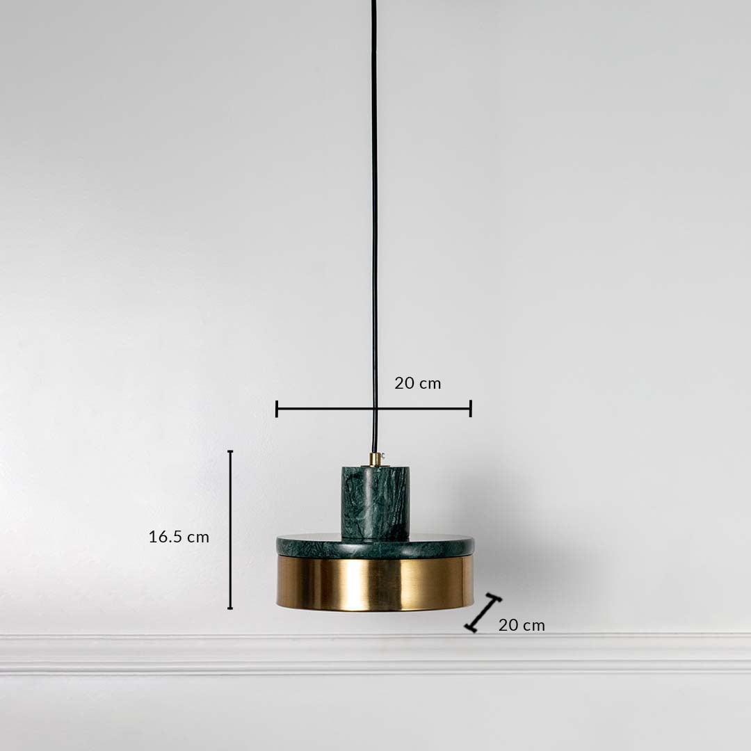 Green marble and gold pendant light shown on white wall background measuring 16.5cm height and 20cm width.