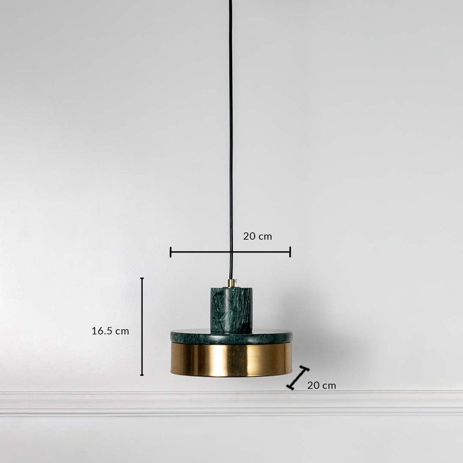 Green marble and gold pendant light shown on white wall background measuring 16.5cm height and 20cm width.