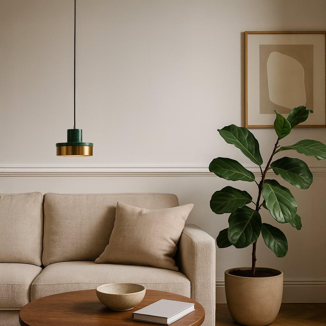 Green marble and gold pendant light styled above beige sofa with indoor plant in modern living room interior for luxury decor.