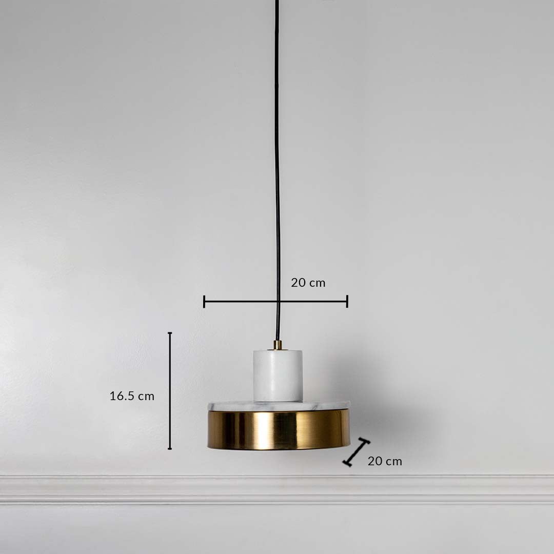 White marble and gold pendant light shown on white wall background measuring 16.5cm height and 20cm width.