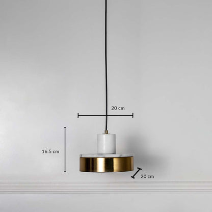 White marble and gold pendant light shown on white wall background measuring 16.5cm height and 20cm width.