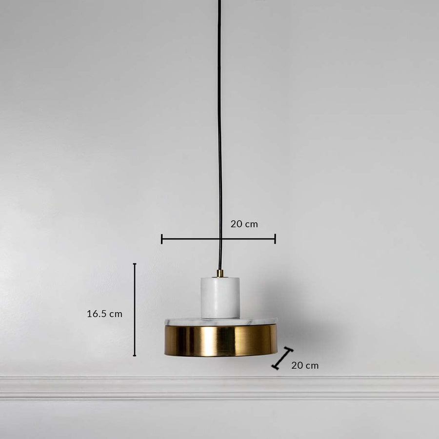 White marble and gold pendant light shown on white wall background measuring 16.5cm height and 20cm width.