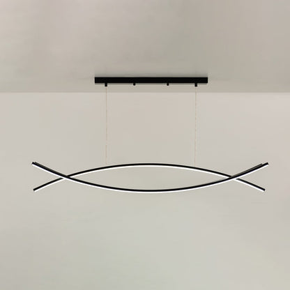 A sleek black linear pendant with intersecting curved bars suspended against a plain white wall with the light off enhancing minimal modern décor.