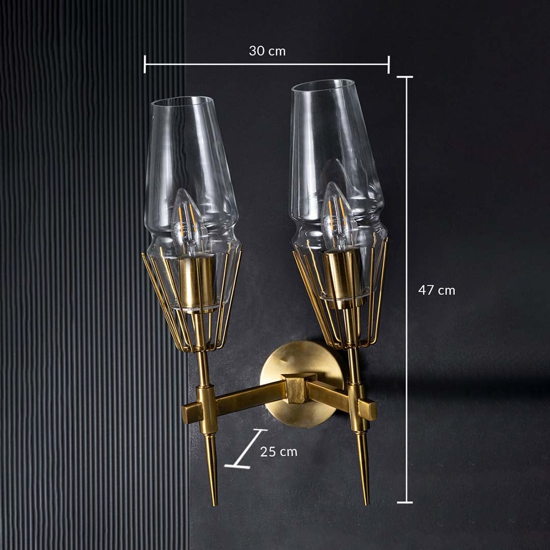 Technical sizing image of double wall light showing height 47 cm and width 30 cm measurements to assist with precise installation.