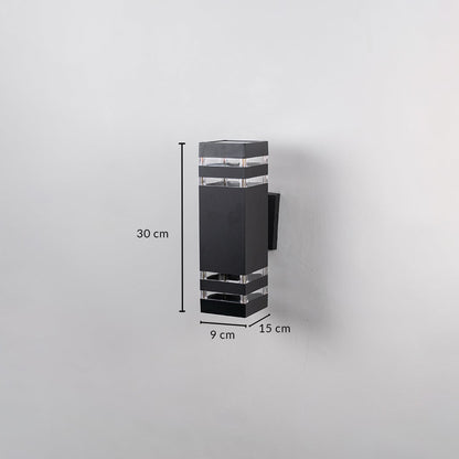 Modern black wall light dimension image showing 30 cm height  15 cm depth  and 9 cm width.